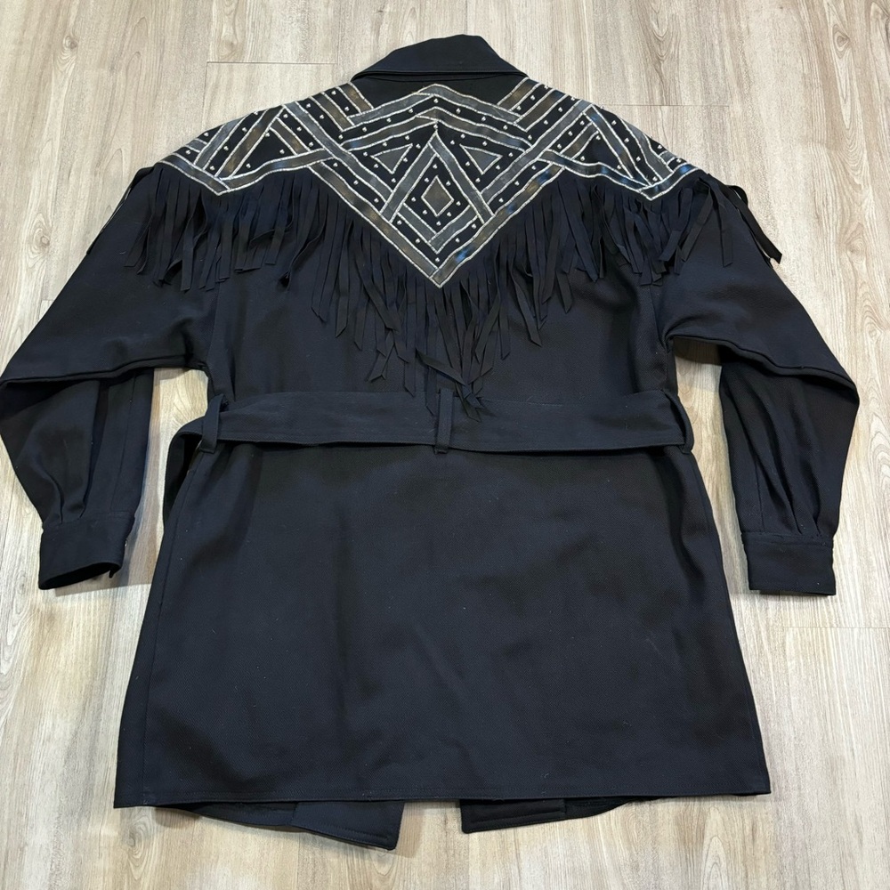 Vintage IB Diffusion Small Black Fringe Western Jacket Studded Yoke Belted 90s - Picture 9 of 15